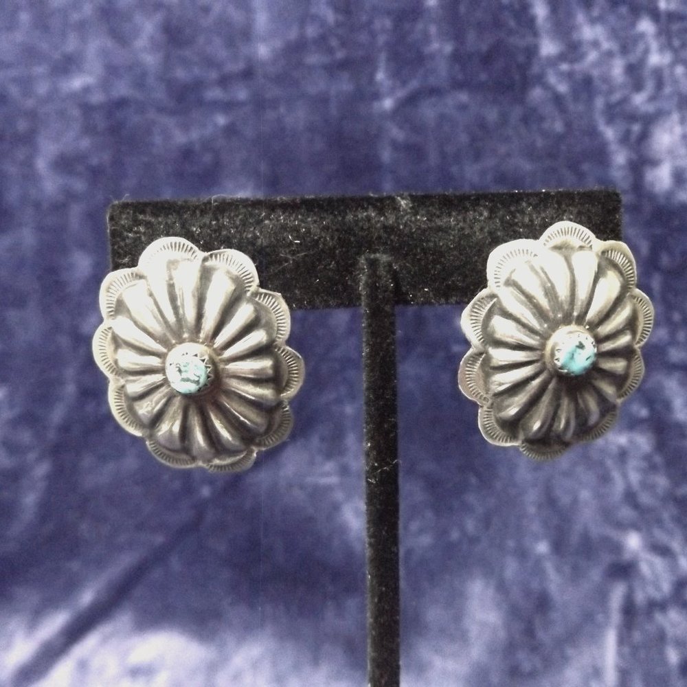 Native American Concho Earrings - Pierced - Sterling and Turquoise